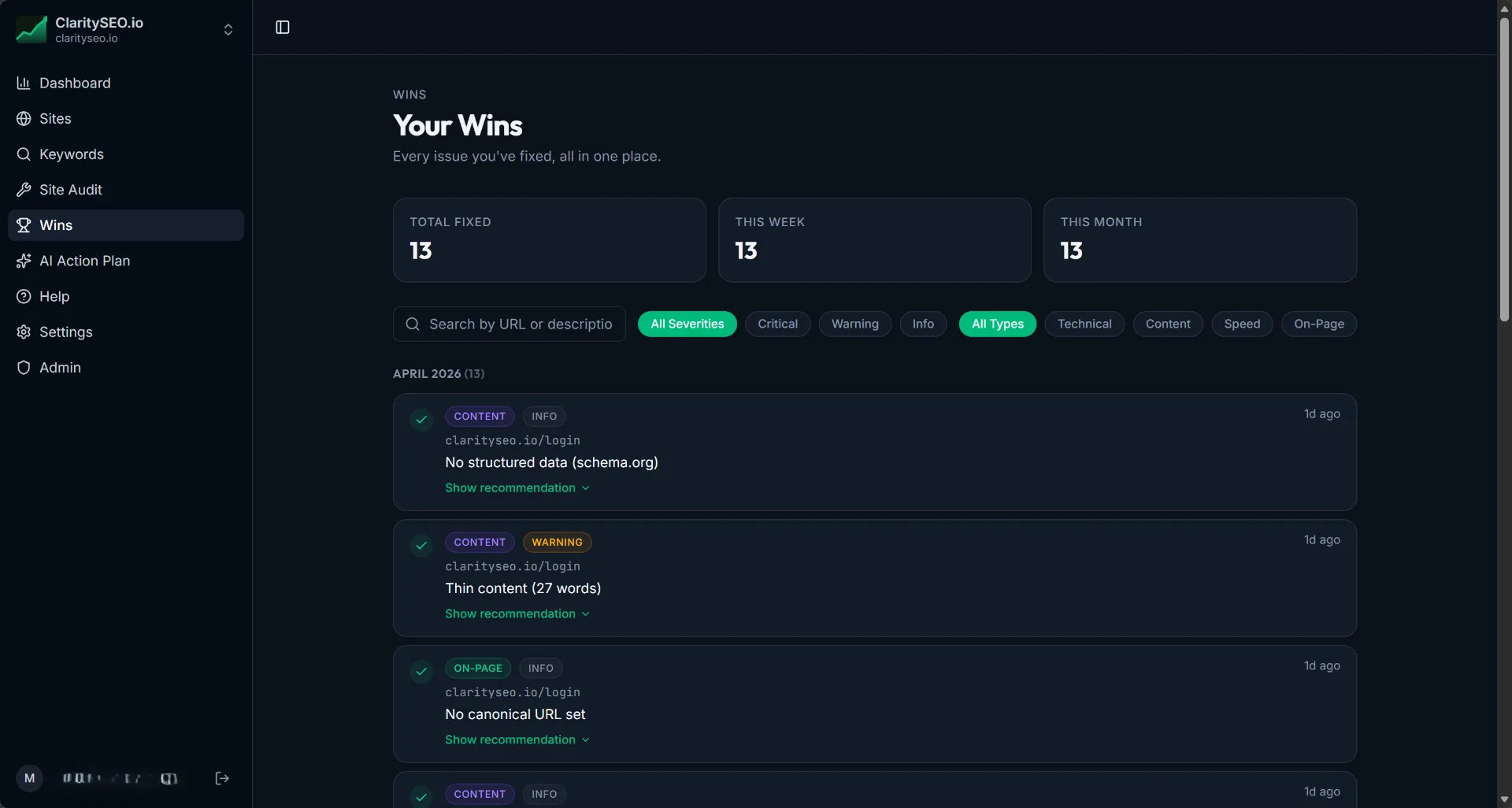 Wins page showing every resolved SEO issue
